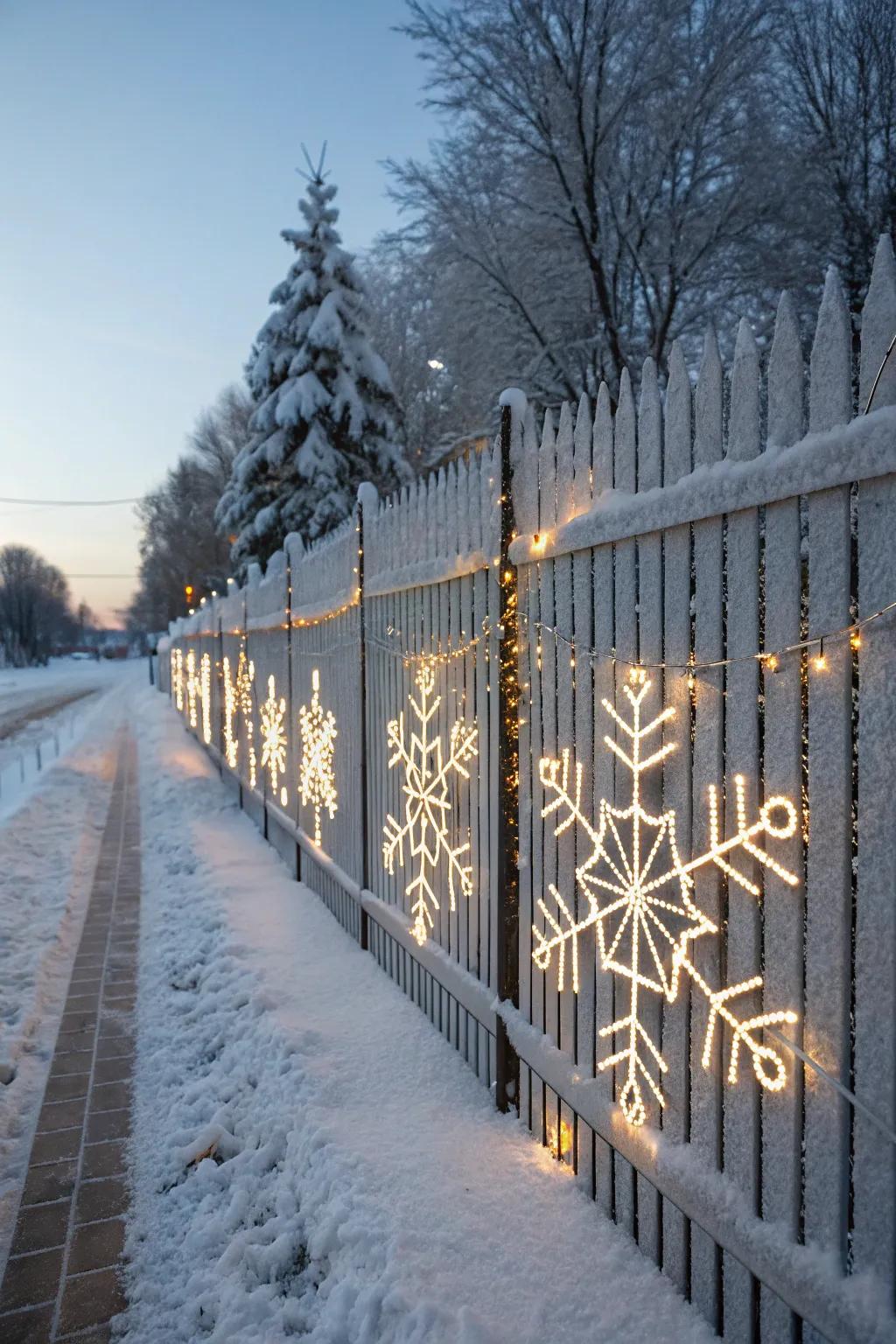 Giant light-up snowflakes create a dazzling winter effect on the fence.