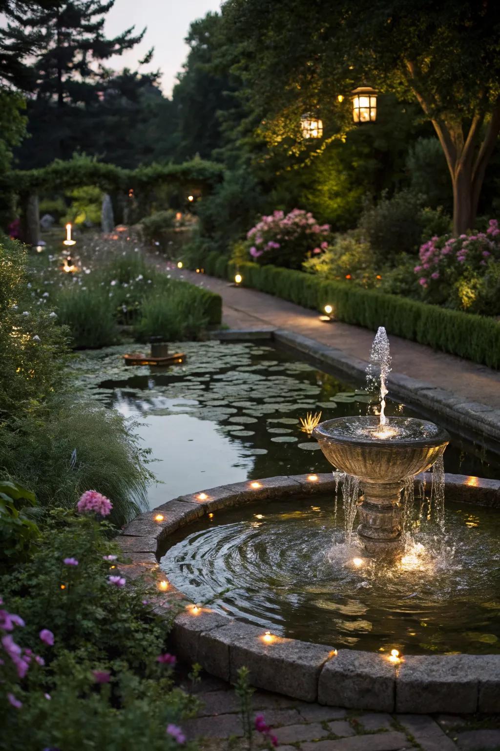 Underwater lights transform a garden water feature into a serene festive highlight.