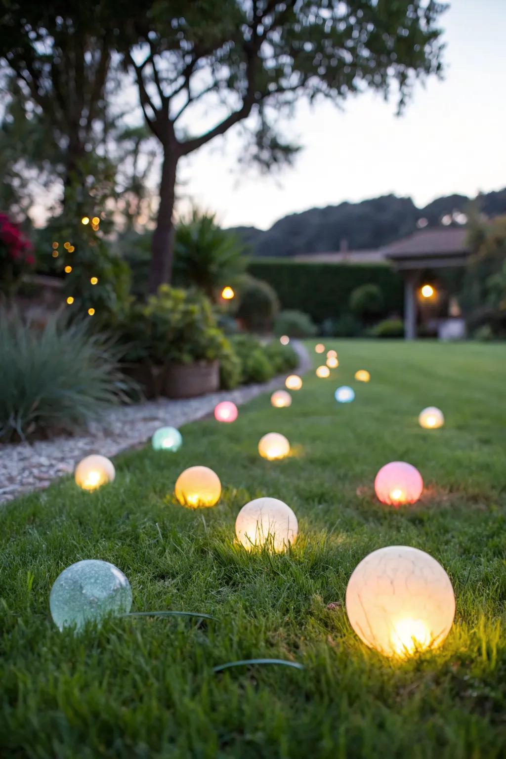 Whimsical light balls adding playfulness to a lawn.
