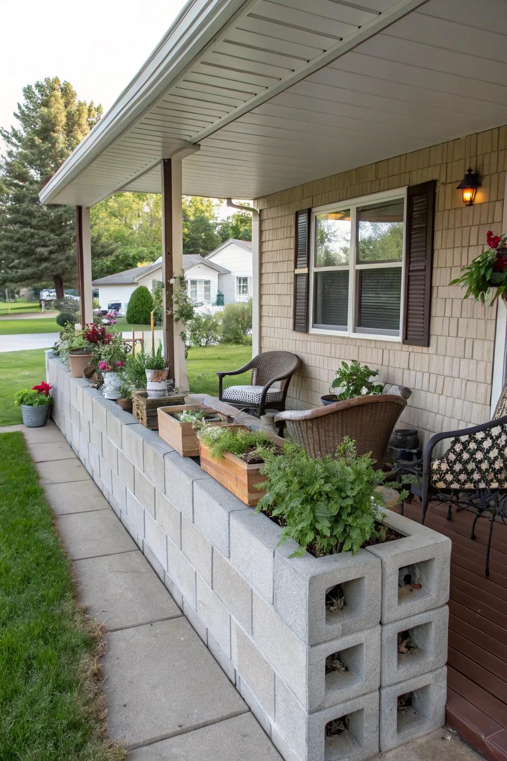 Enjoy the porch in any weather with a cinder block windbreak.