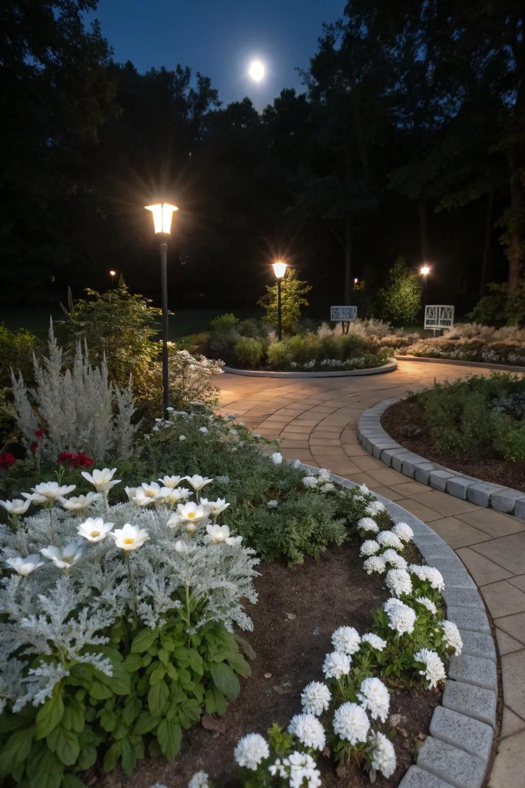 A moonlit garden creates an enchanting atmosphere under the night sky.