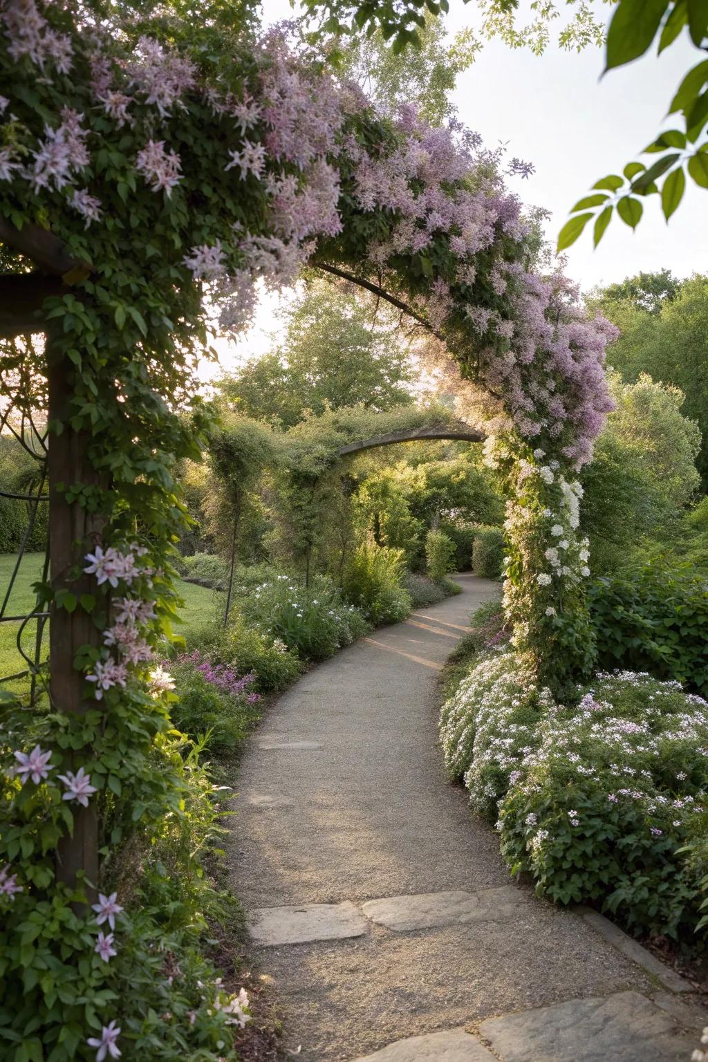 A garden pathway lined with enchanting clematis flowers.