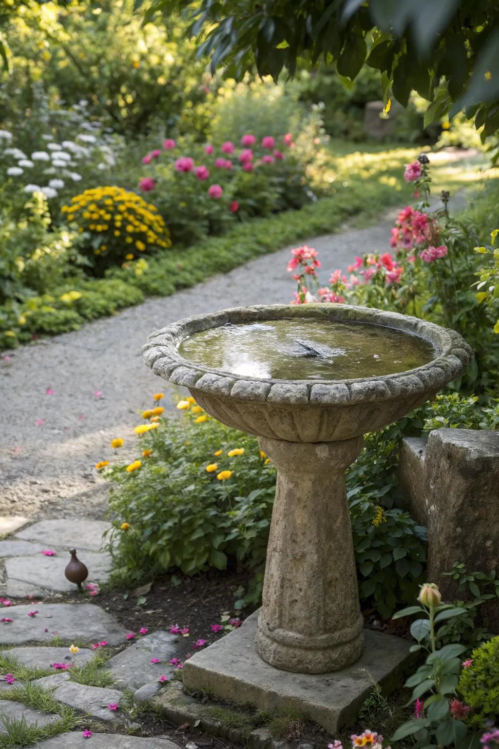 A delightful cobblestone birdbath.