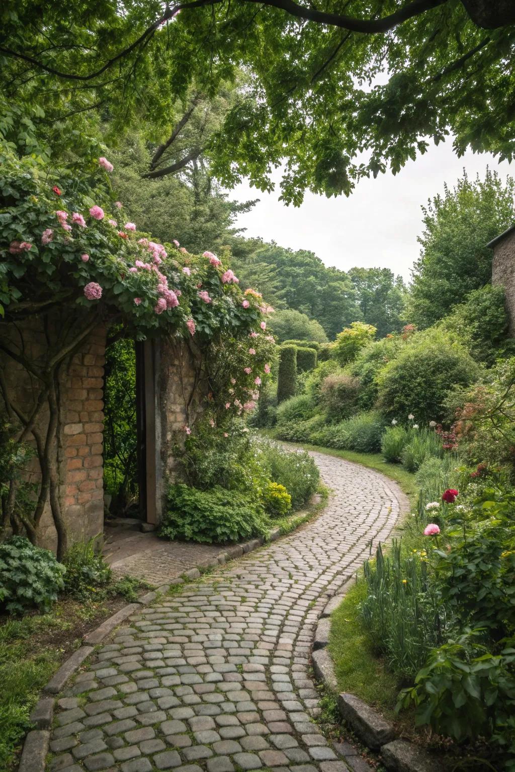 A secret cobblestone path leading to a hidden garden escape.