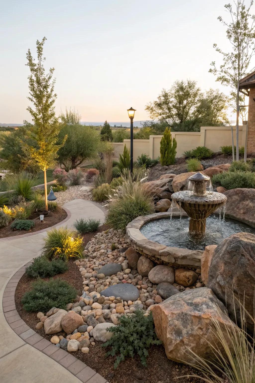 A sustainable water feature adds serenity to a xeriscape.