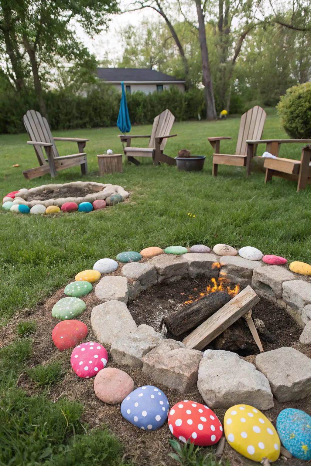 A DIY fire pit with painted stones adds warmth and a focal point.