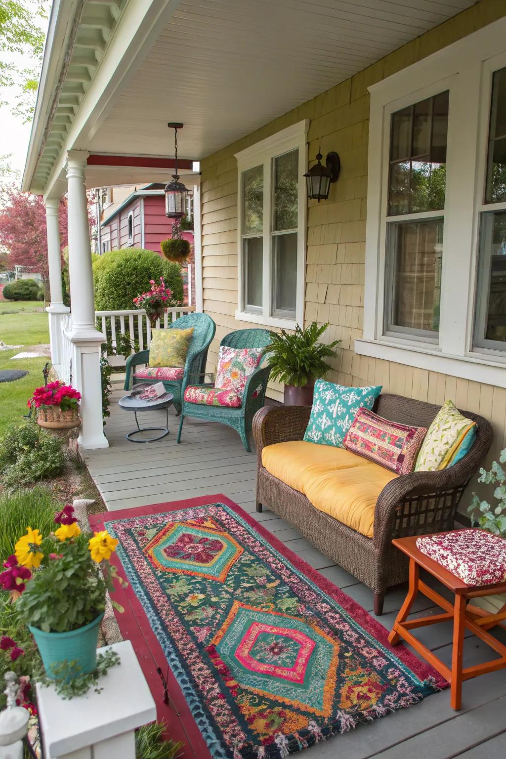 A porch featuring an eclectic mix of patterns in cushions and decor.
