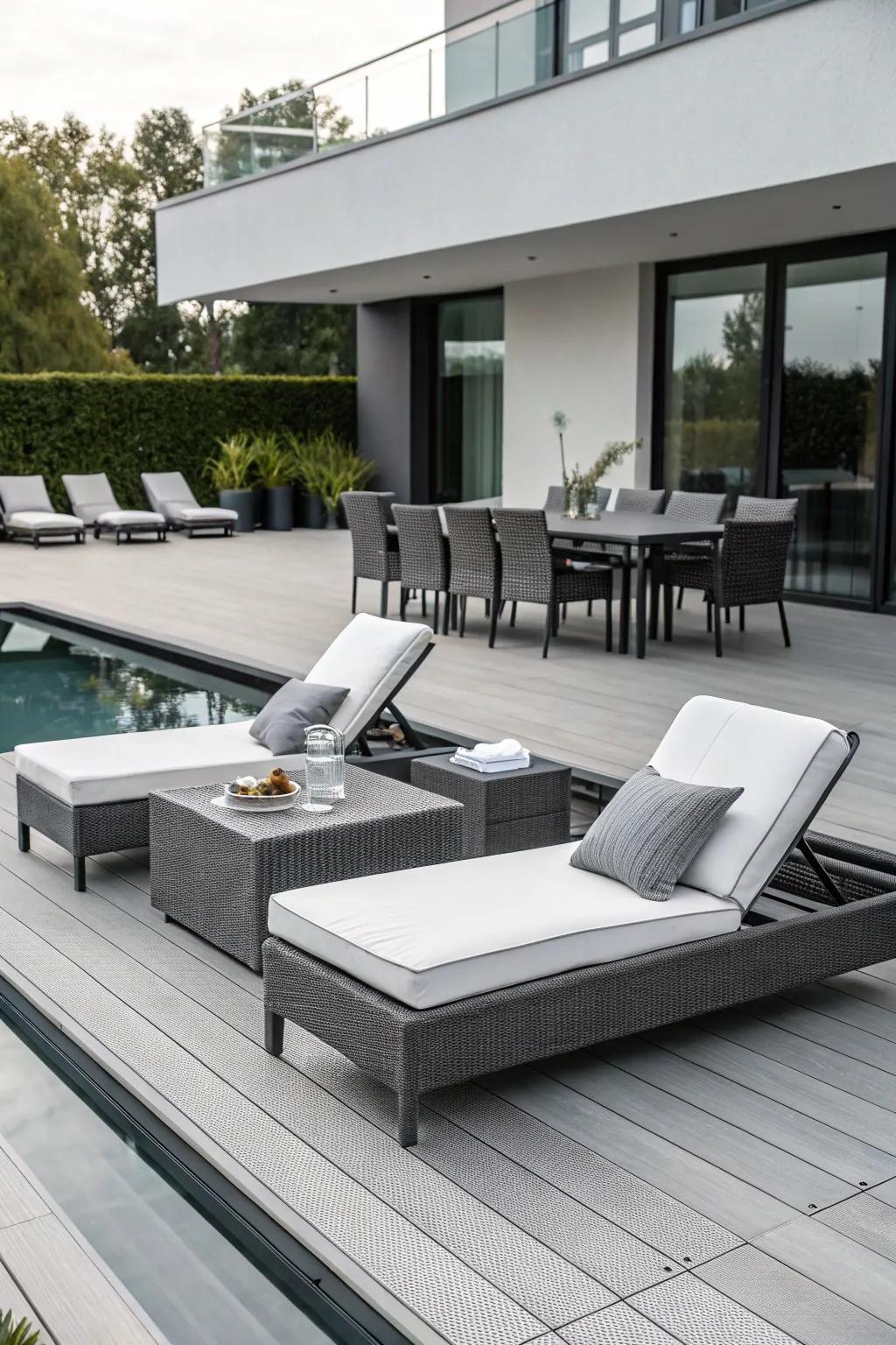 A sleek and modern deck creates a chic poolside retreat.