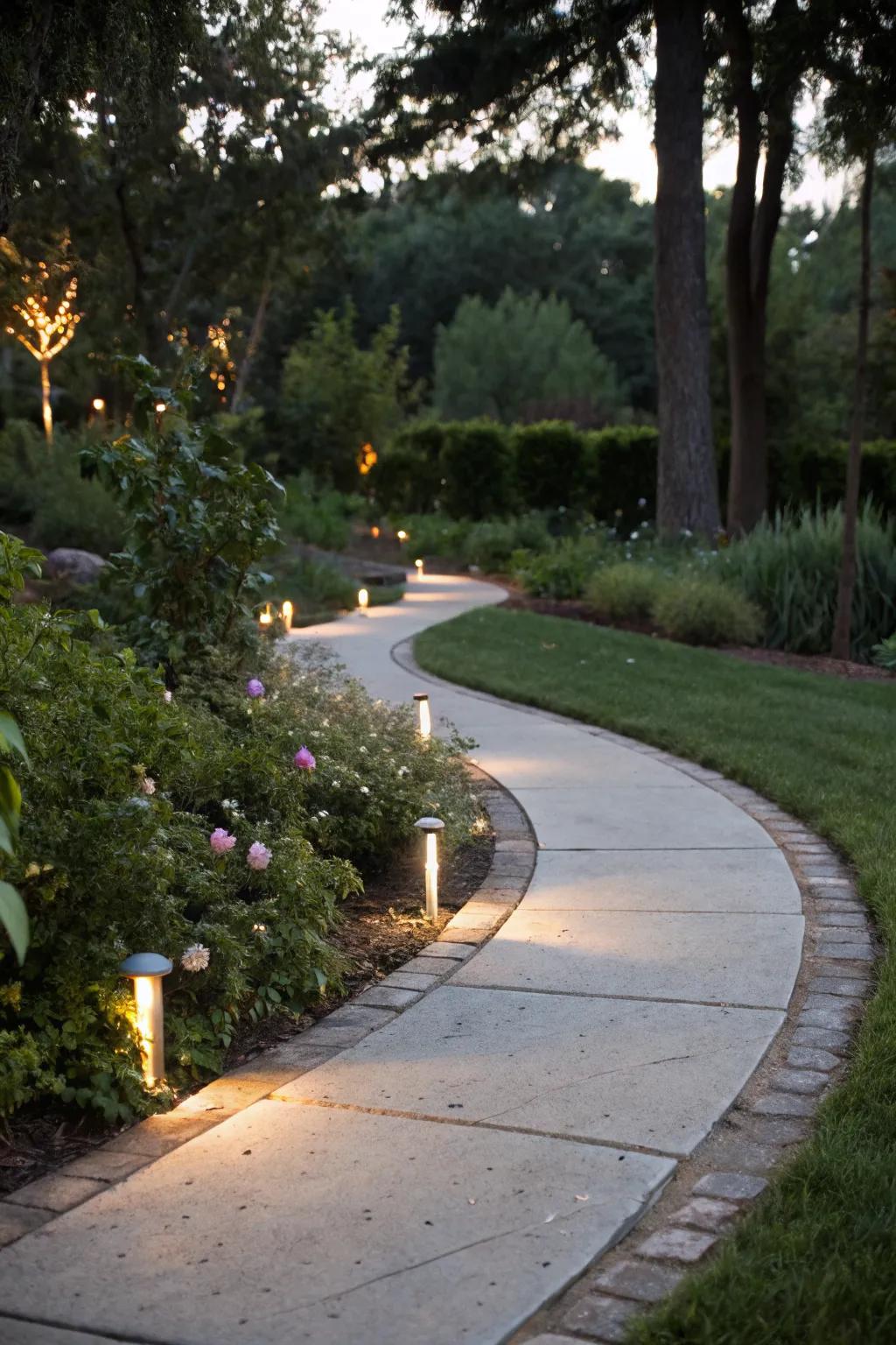 Concrete path with integrated lighting creating a warm ambiance in the garden.