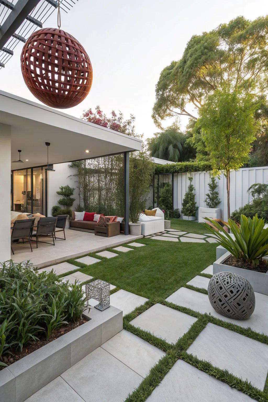 Art installations add a unique touch to any backyard.