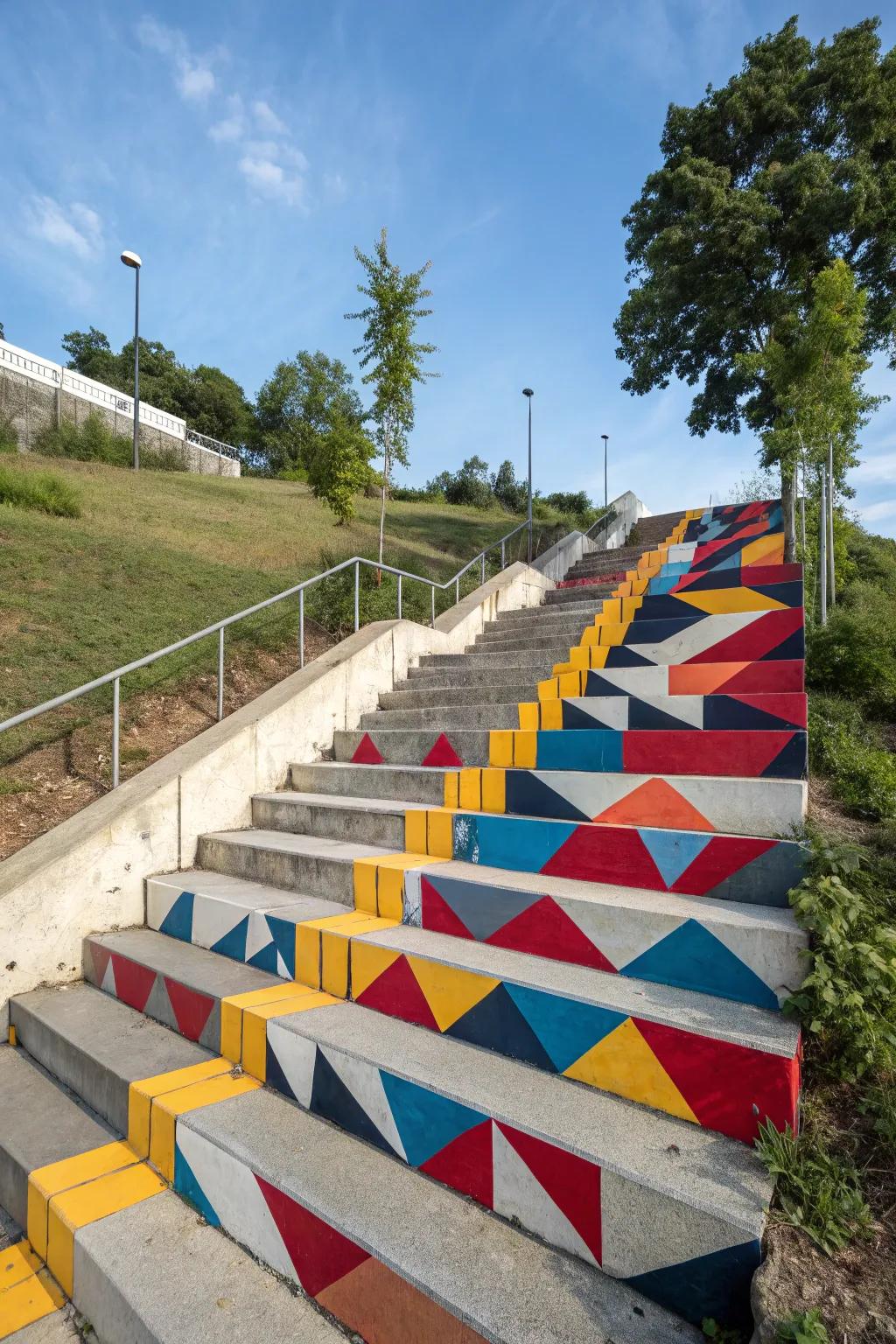 Geometric patterns add a striking visual element to concrete stairs.