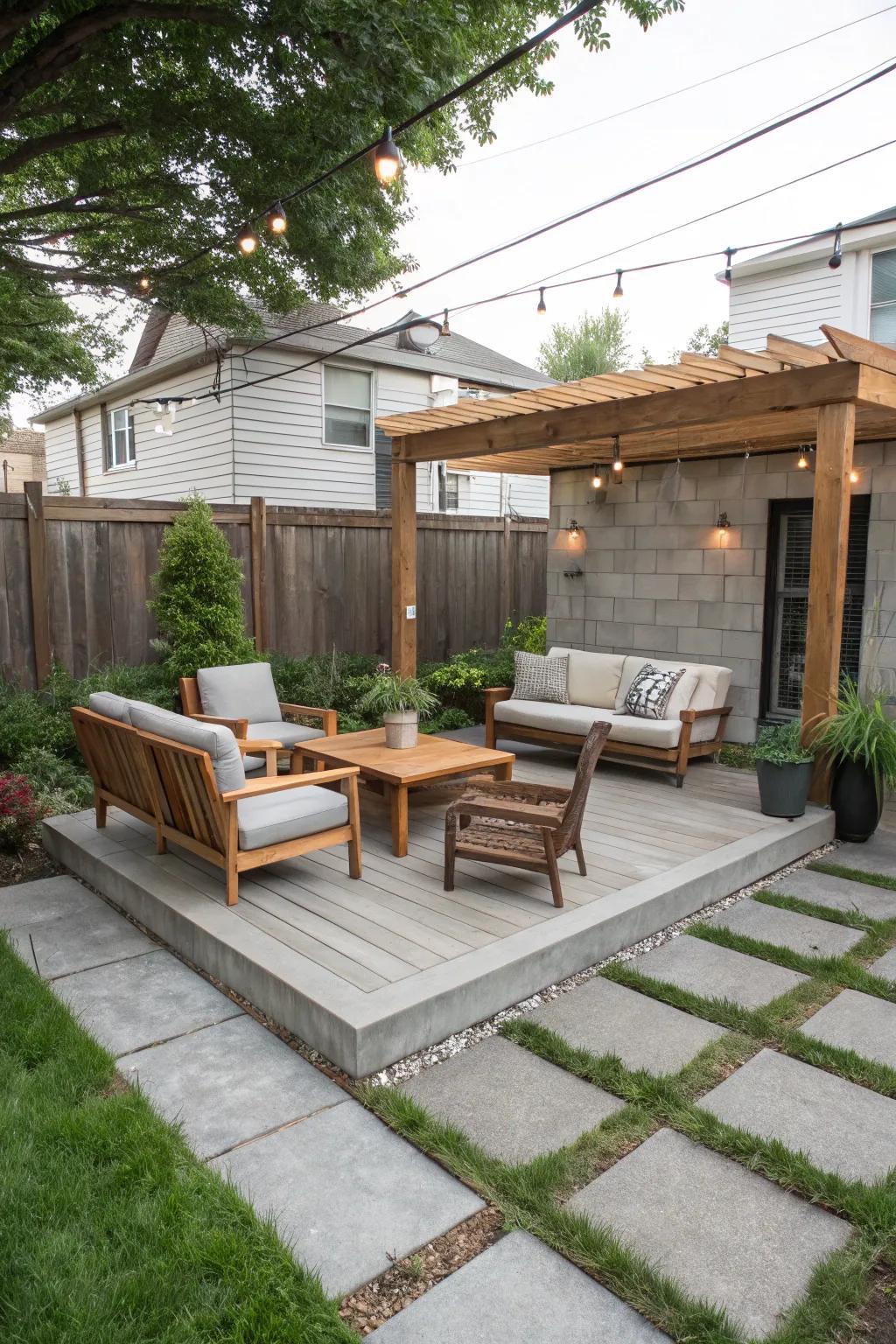 The mix of concrete and wood offers a timeless look.