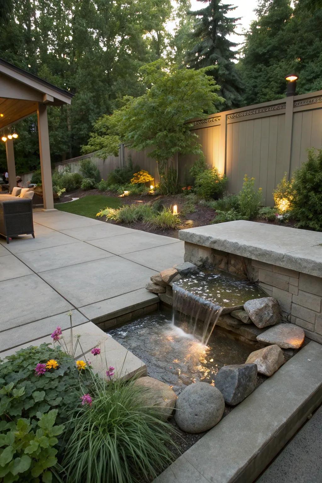 A water feature adds elegance and tranquility to your patio.