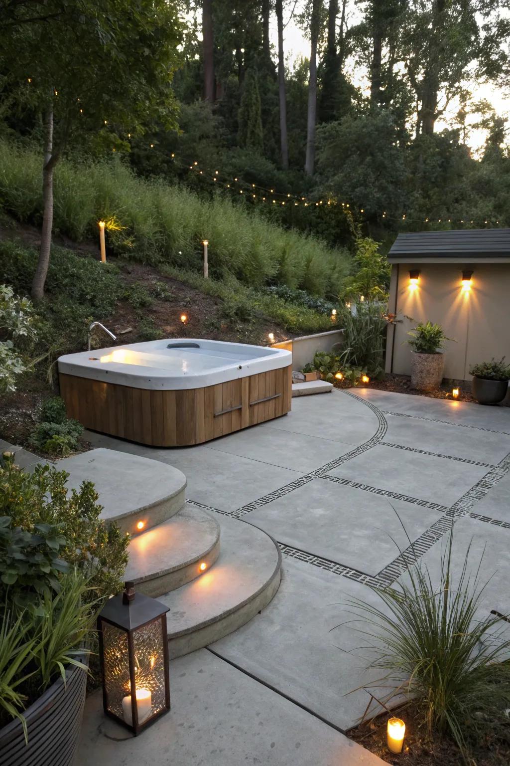 An eco-friendly patio design with a hot tub, showcasing sustainable materials.