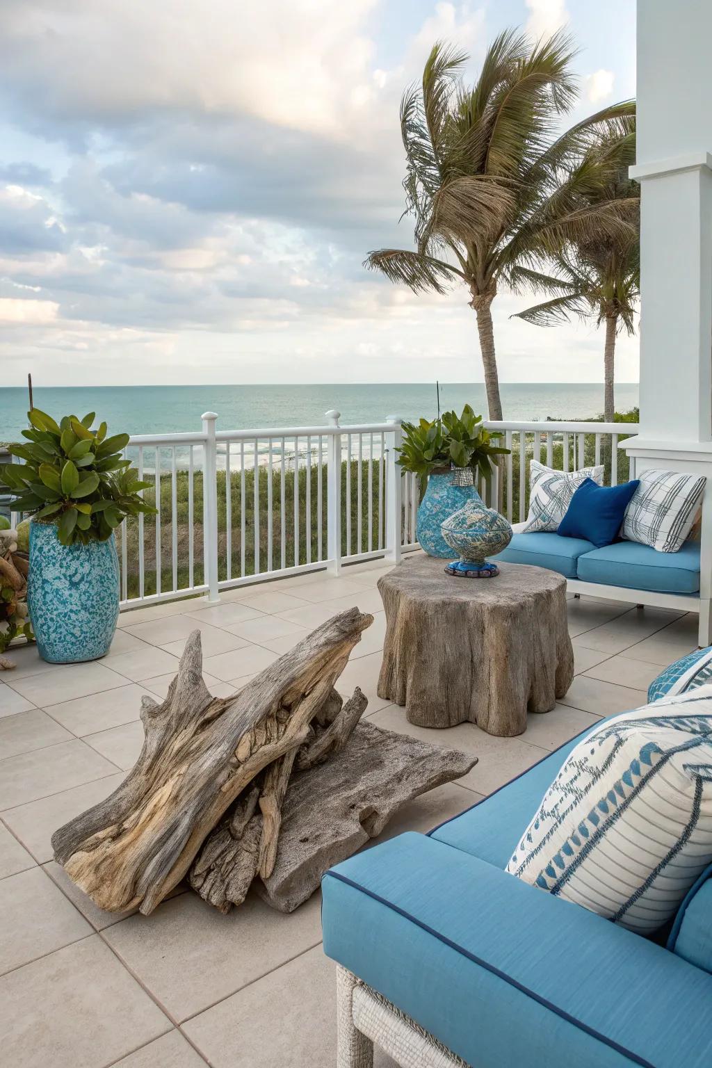 A coastal-themed condo patio evoking a seaside retreat.