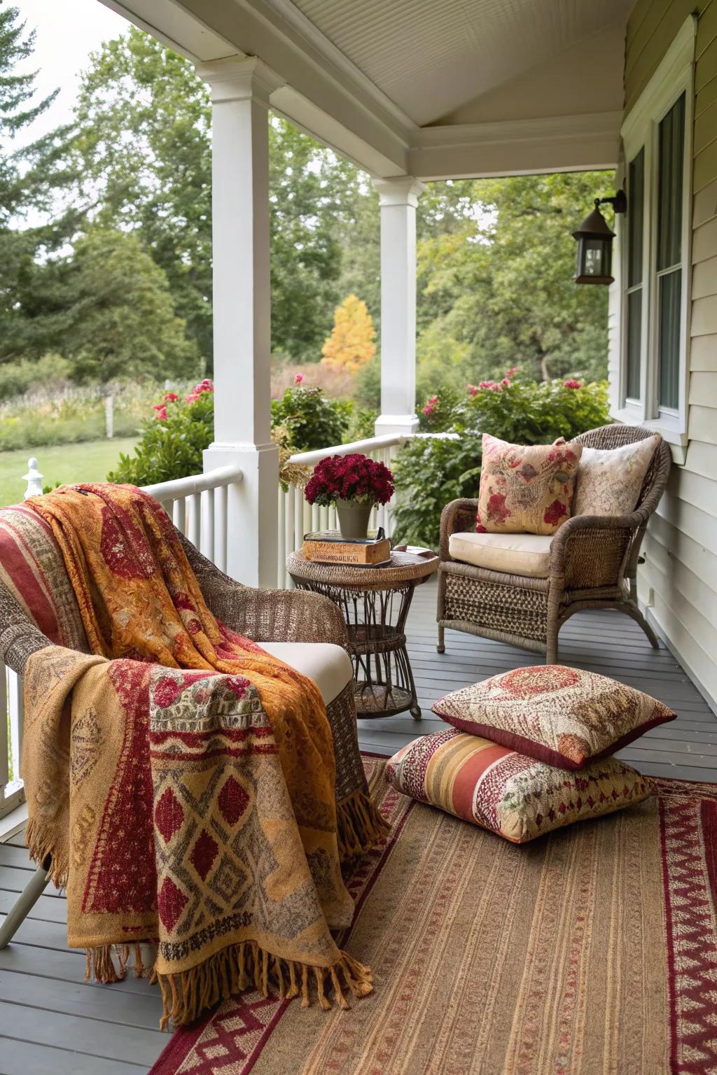 Add a personal touch with artisan textiles on your porch.