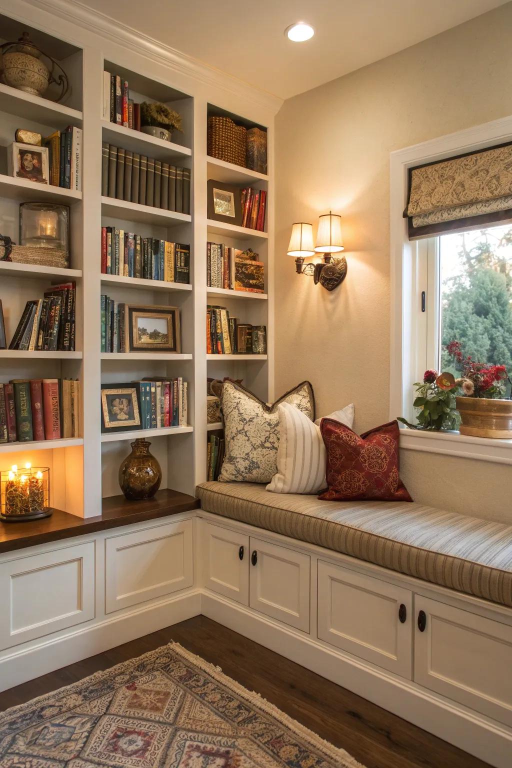 A corner bench with built-in bookshelves perfect for book enthusiasts.