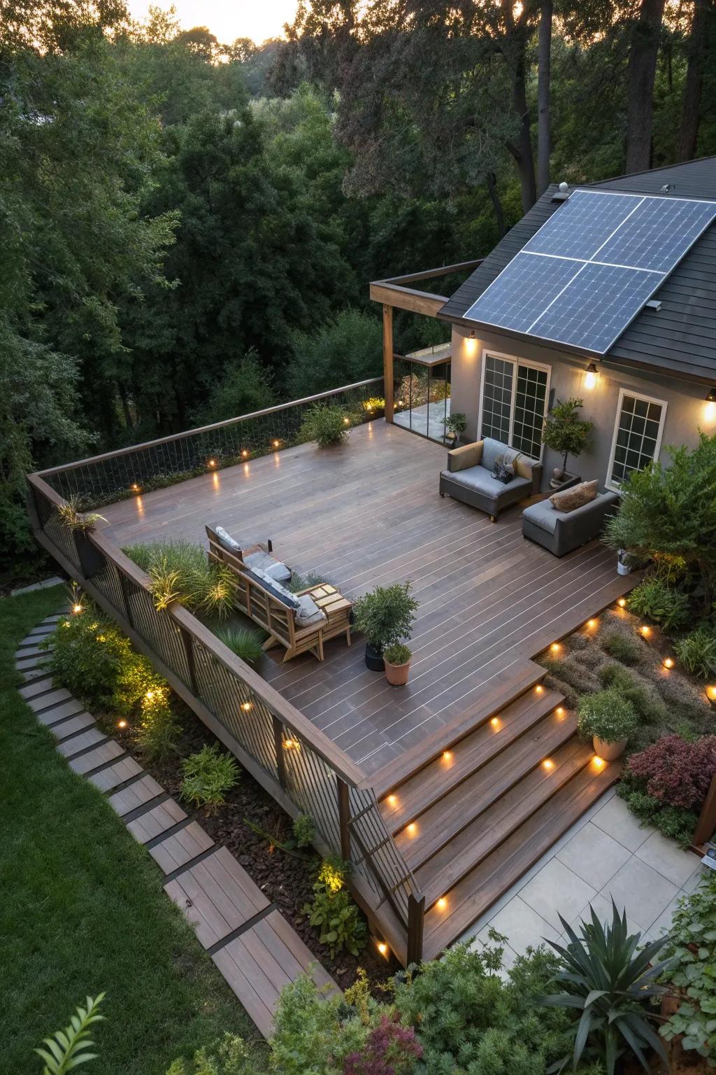 Integrate solar panels for an eco-friendly deck.