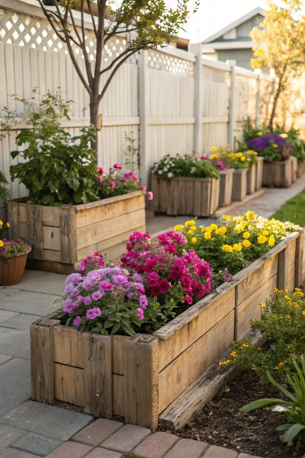 Rustic wooden planters add farmhouse charm to garden corners.