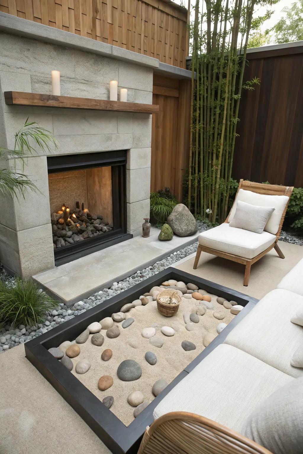 A Zen garden fireplace corner for peaceful relaxation.