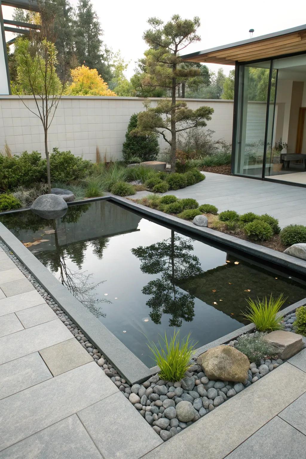 Reflective glass edges expand the visual space of your pond.
