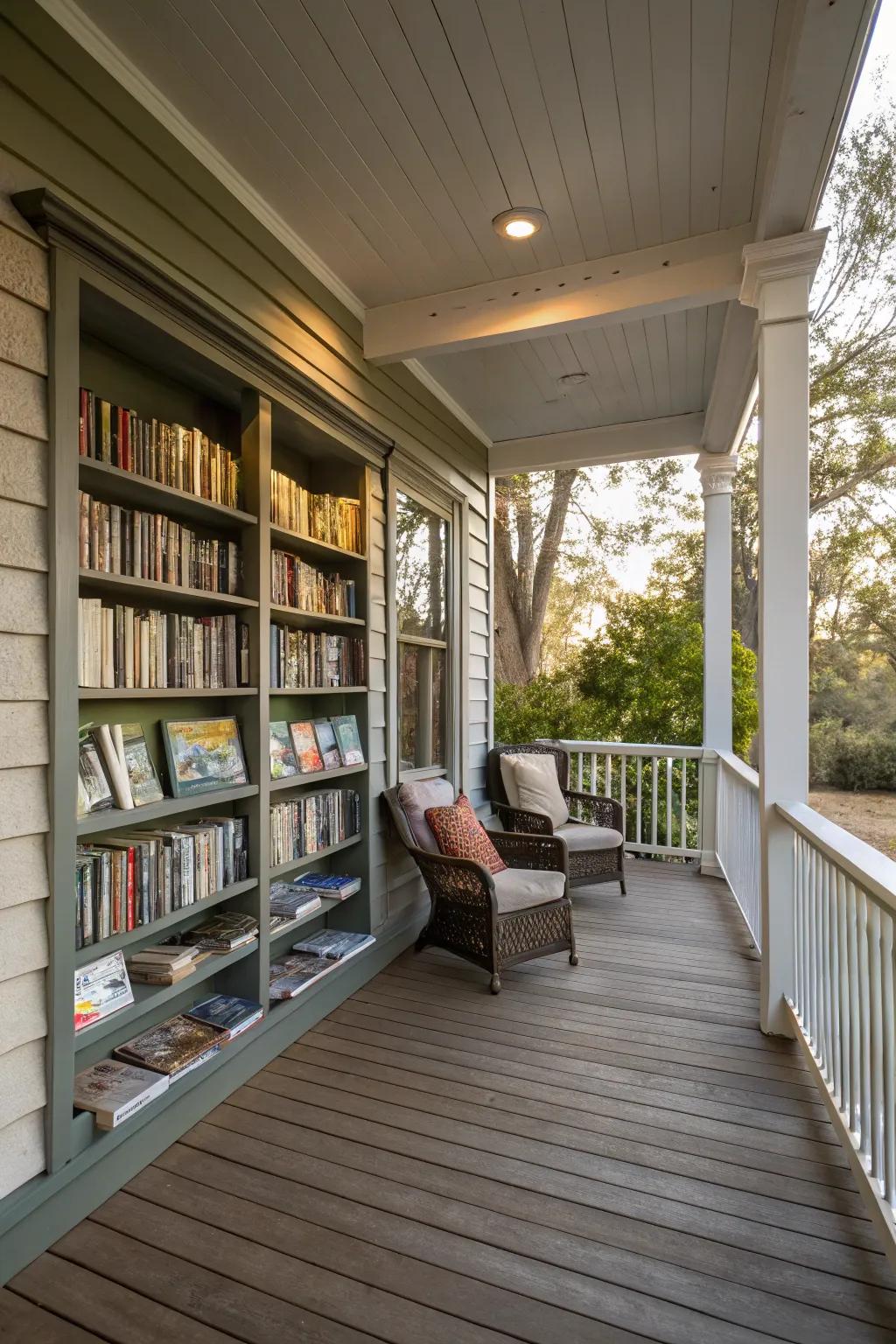 An outdoor library for book lovers on a corner porch.