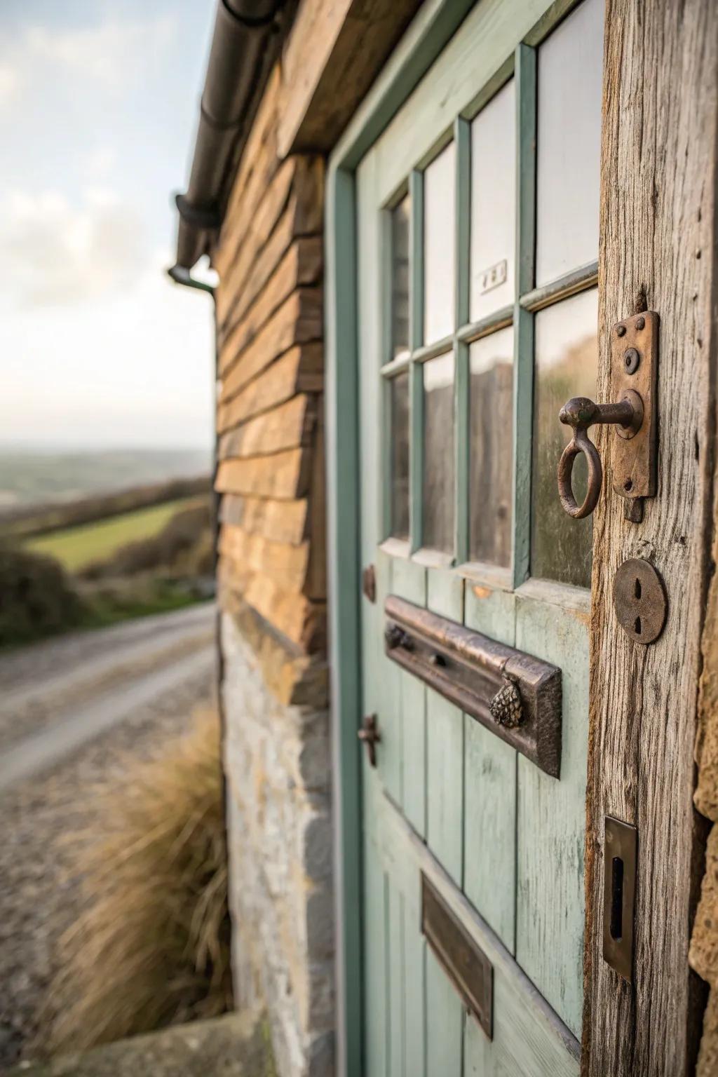 A vintage mail slot adds charm to this cottage door.