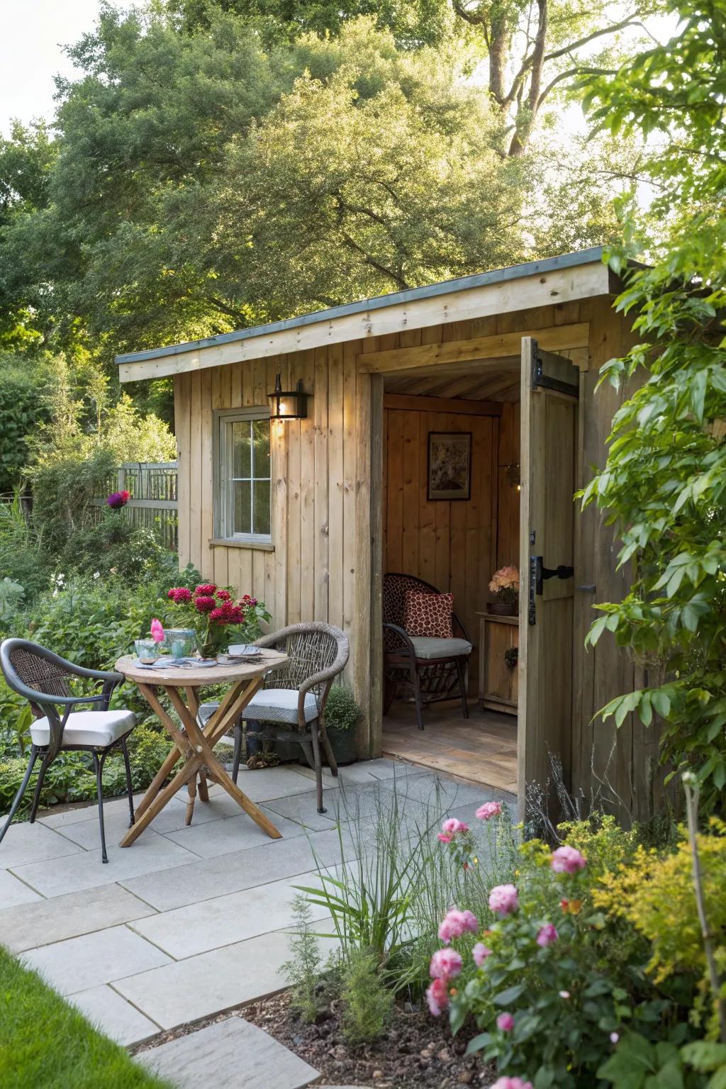 A seating area transforms this shed into a welcoming garden retreat.