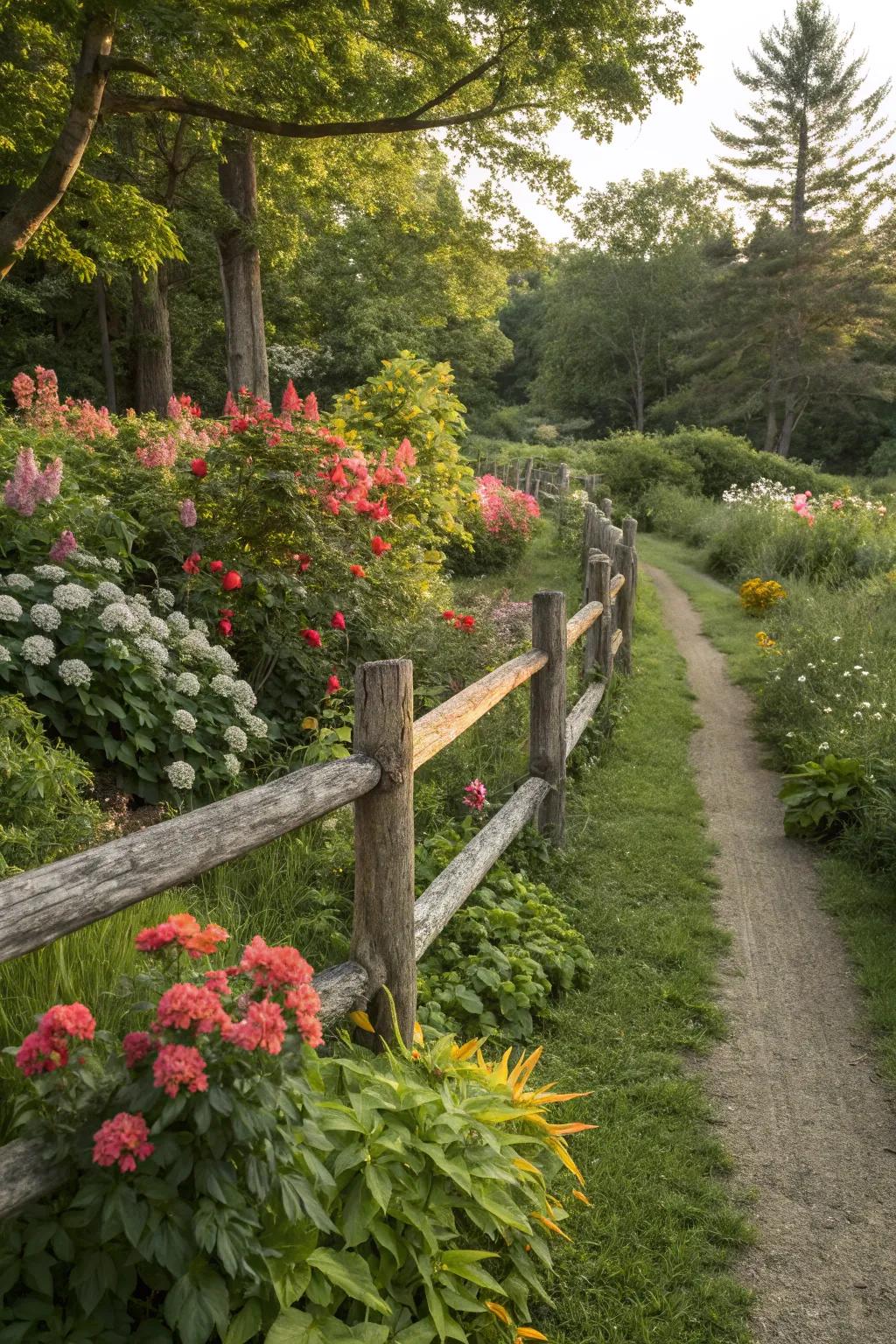 Rustic fencing providing structure and charm to the garden.