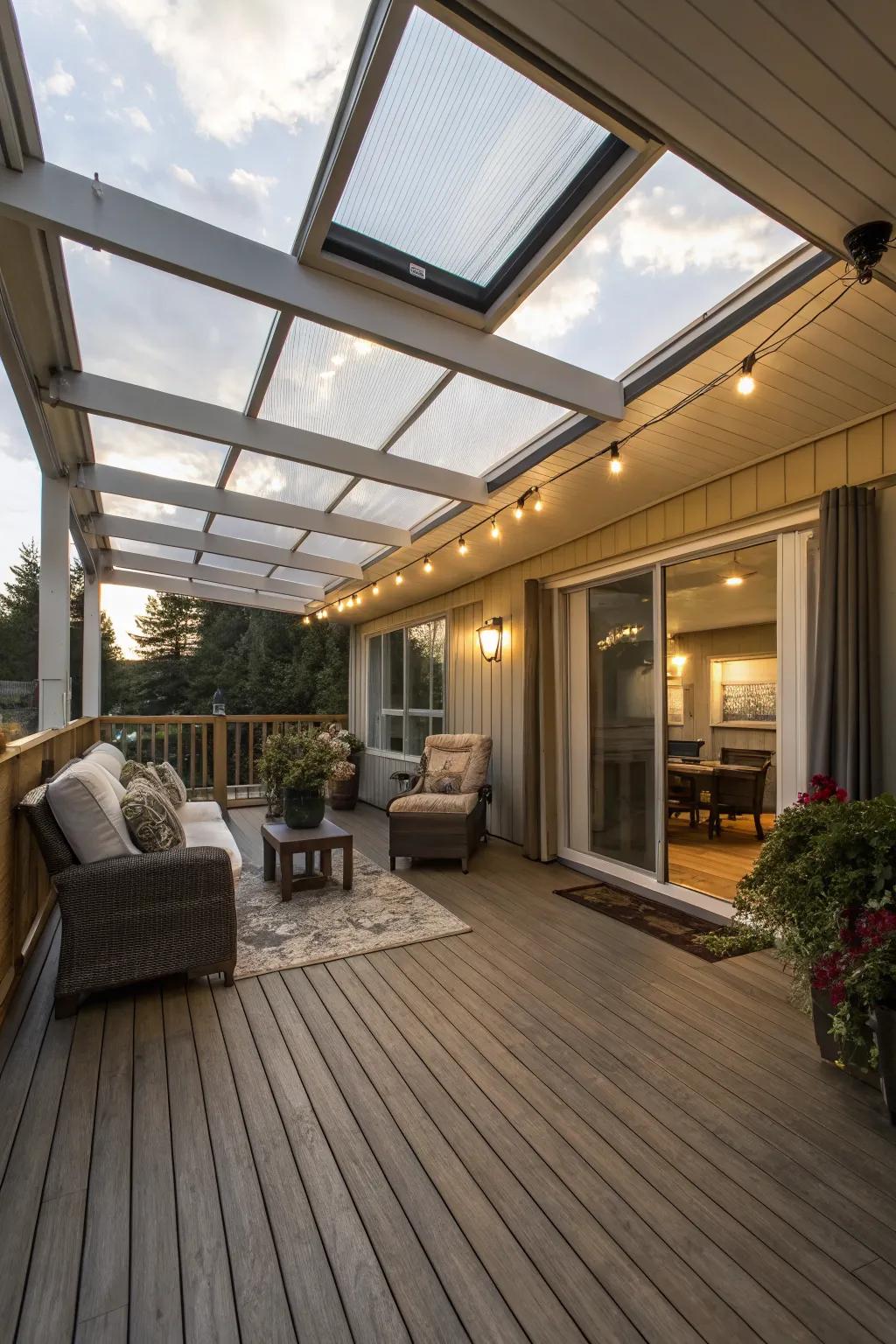 Bright and airy deck with a skylight for natural lighting.