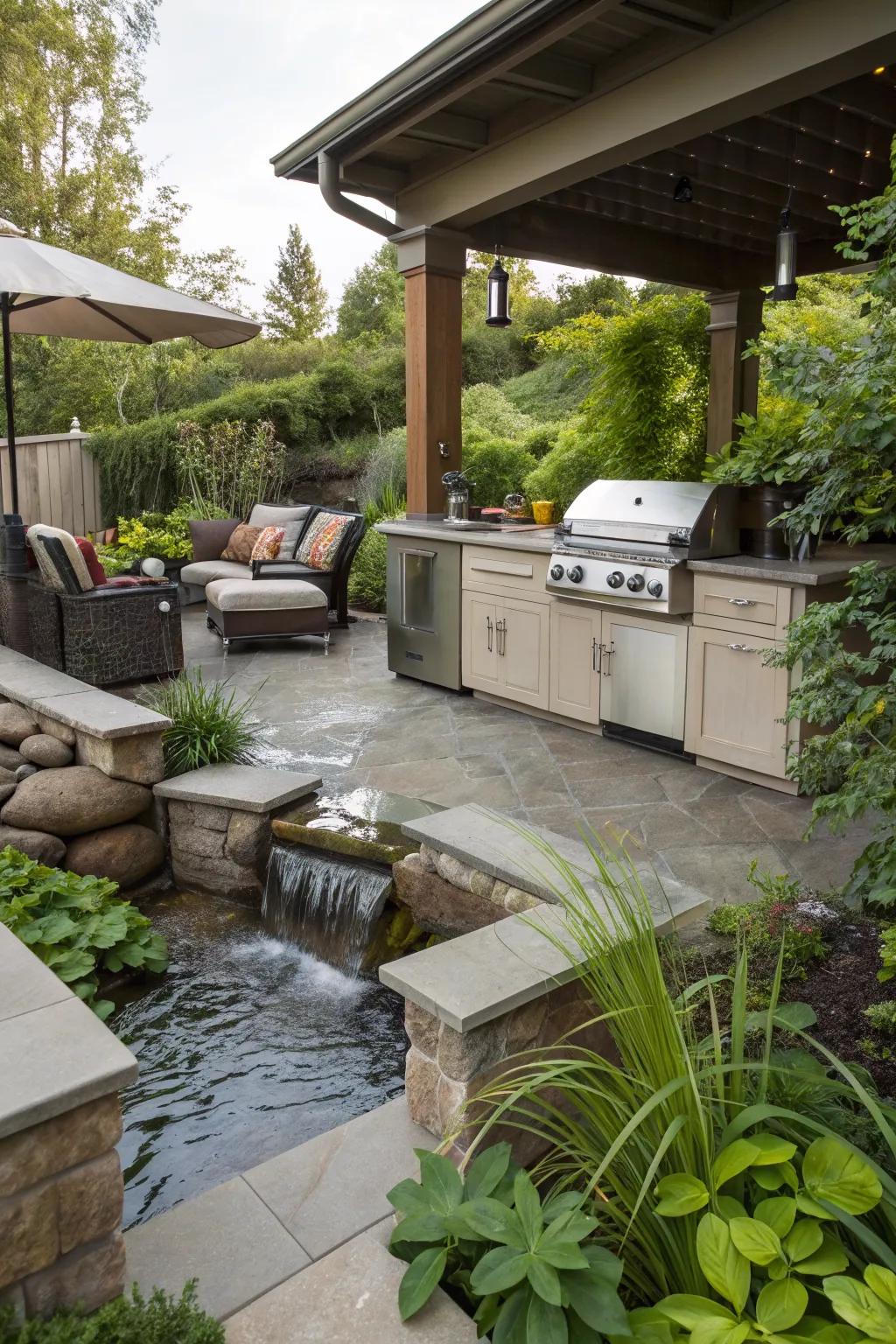 A water feature brings tranquility and relaxation to your outdoor kitchen.