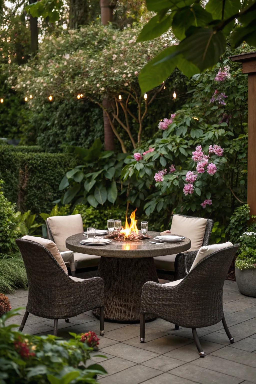A fire pit table offers warmth and dining space.