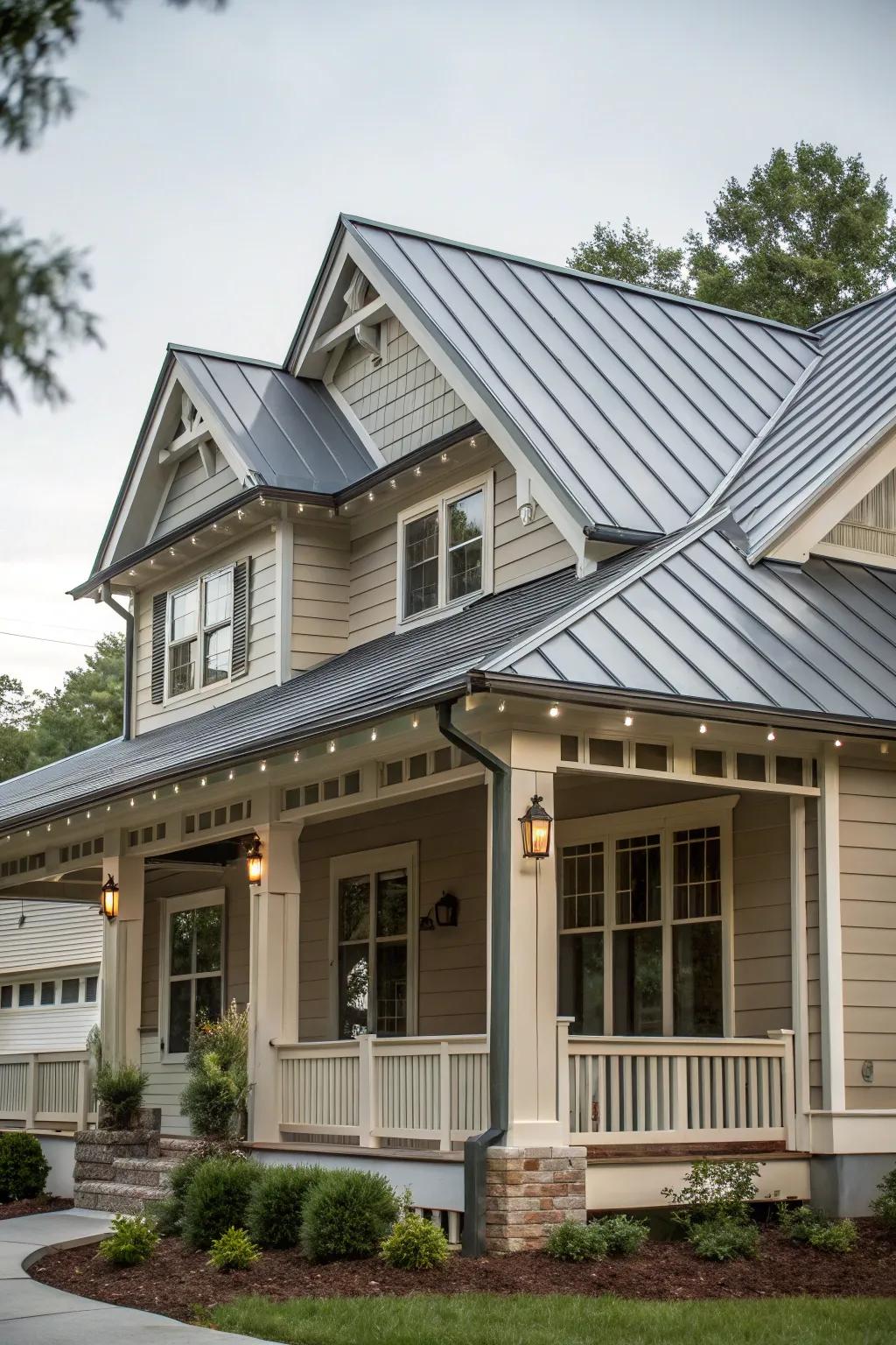 Metal roofing elements add modern flair to this Craftsman home.
