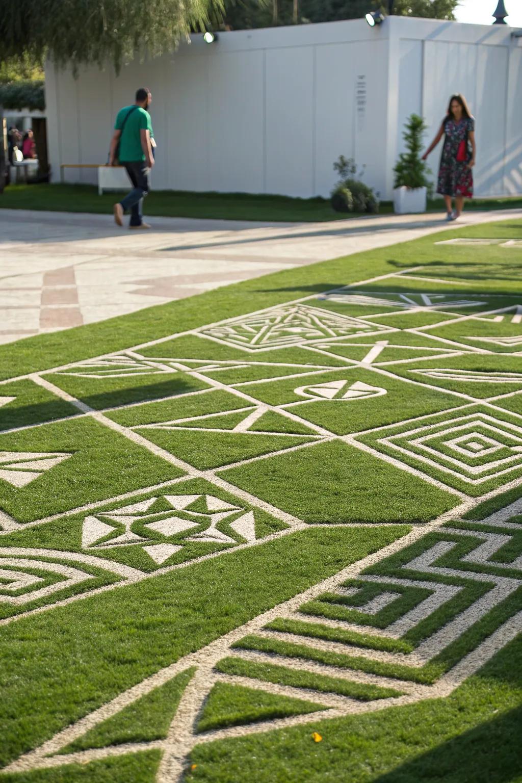 Abstract geometric patterns turn your lawn into a modern masterpiece.