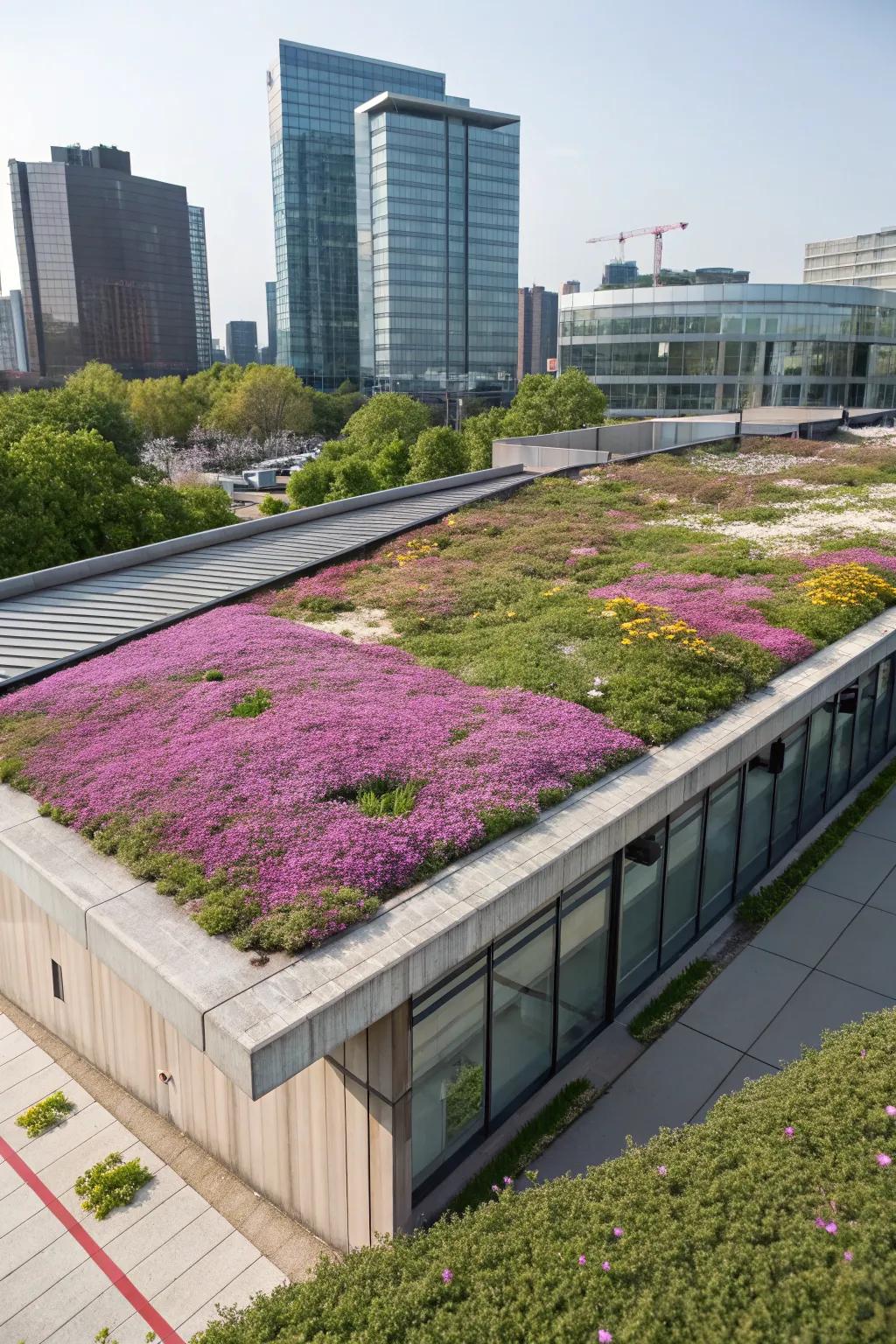 Creeping phlox contributing to a vibrant green roof.