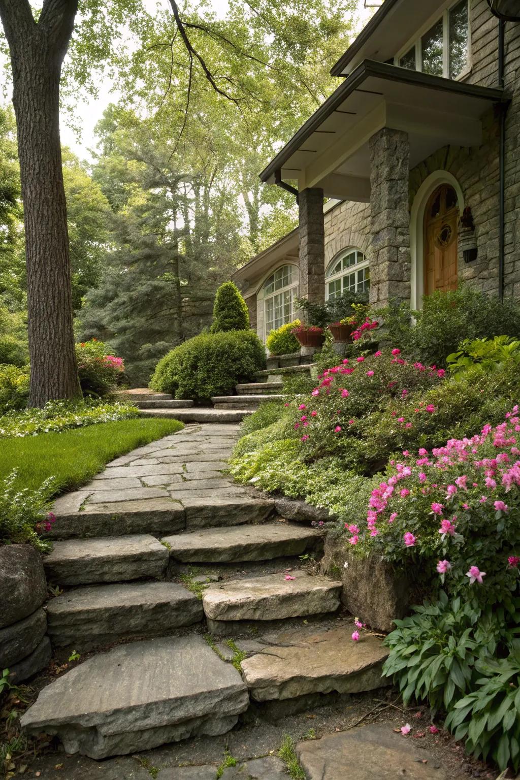 Stone steps offer a natural and elegant entrance.