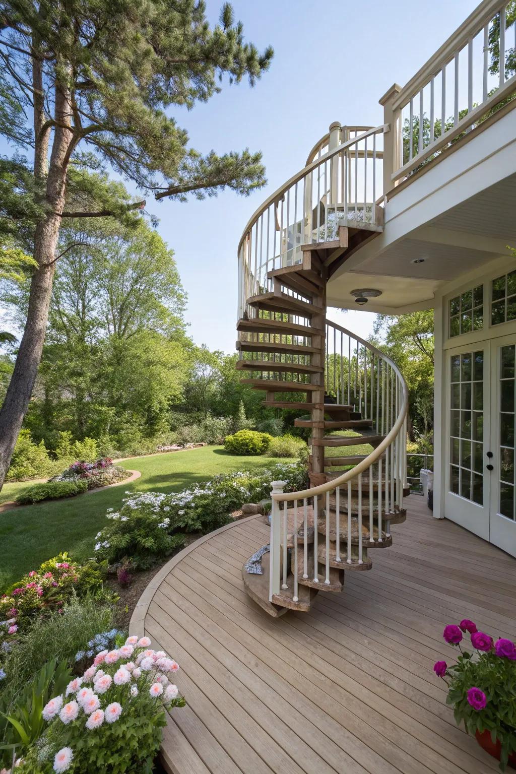 Whimsical spiral stairs adding charm to the curved deck.