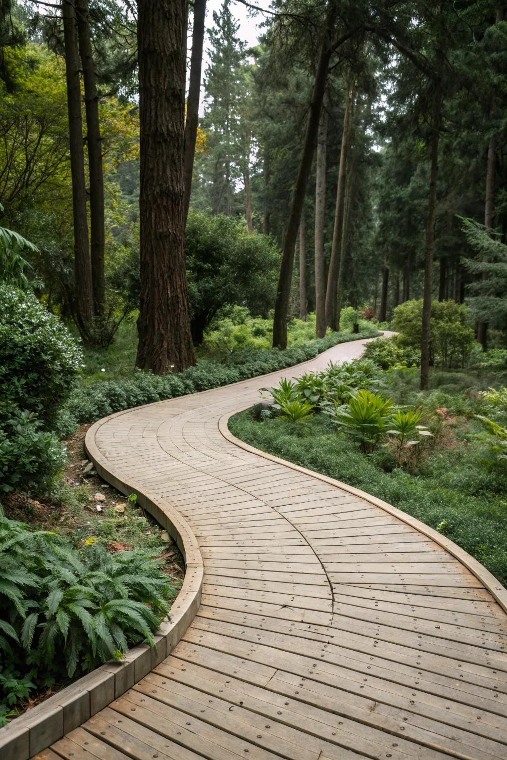 Wood-look pavers providing a natural, woodsy feel to the path.