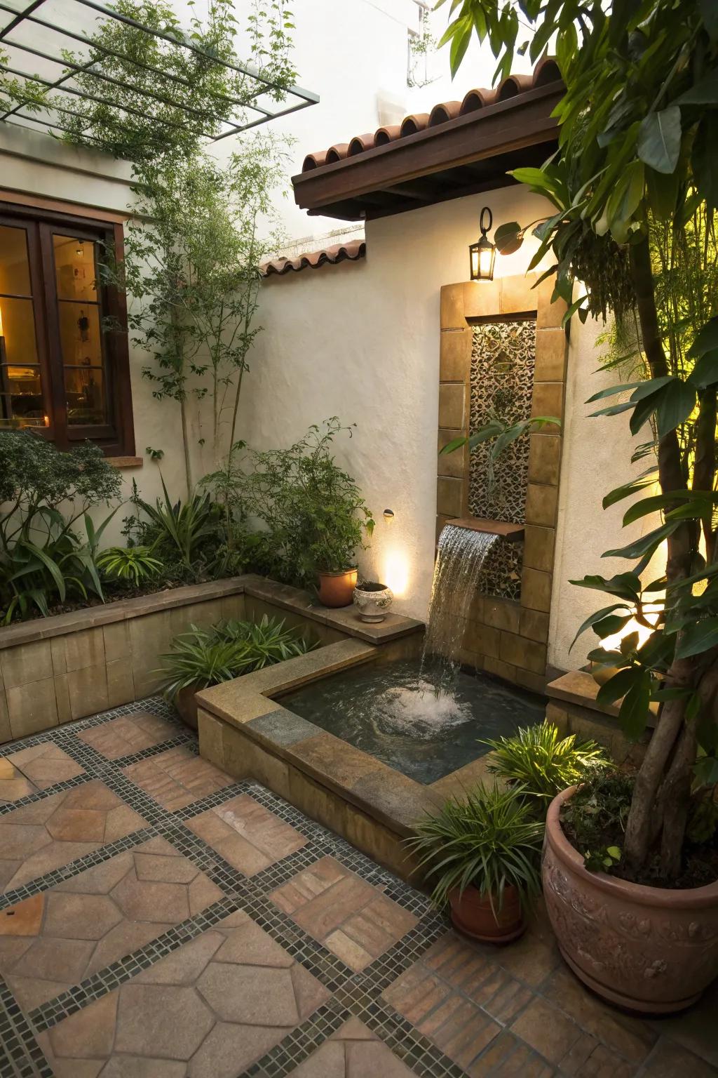 A small water feature adds tranquility to a patio