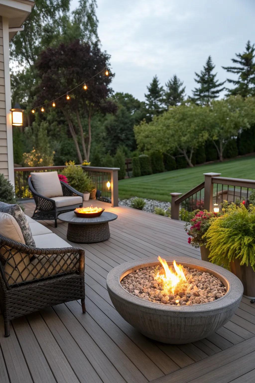 A stylish fire bowl adds warmth and a focal point to this deck.
