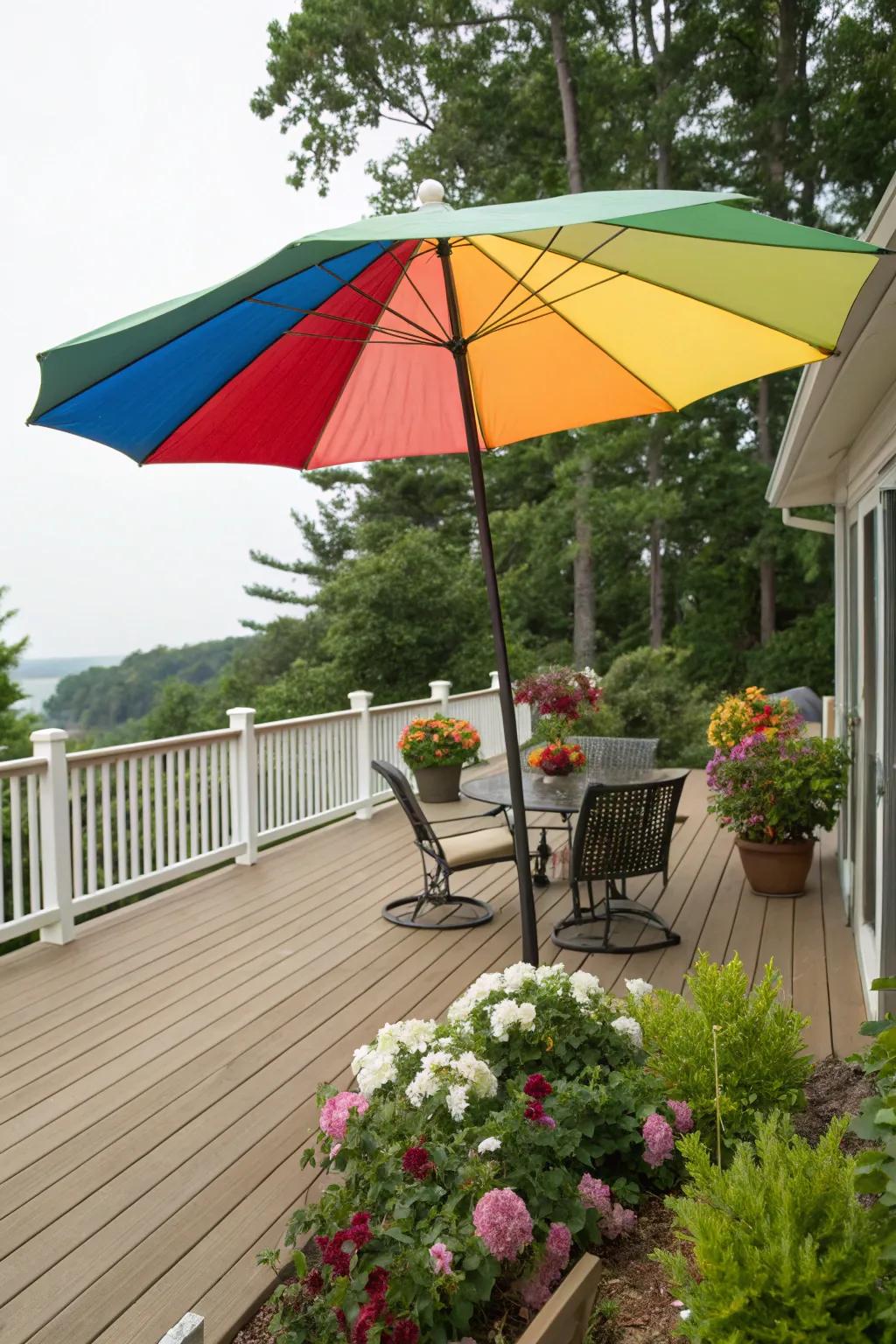 A large umbrella adding elegance and practicality to a deck.