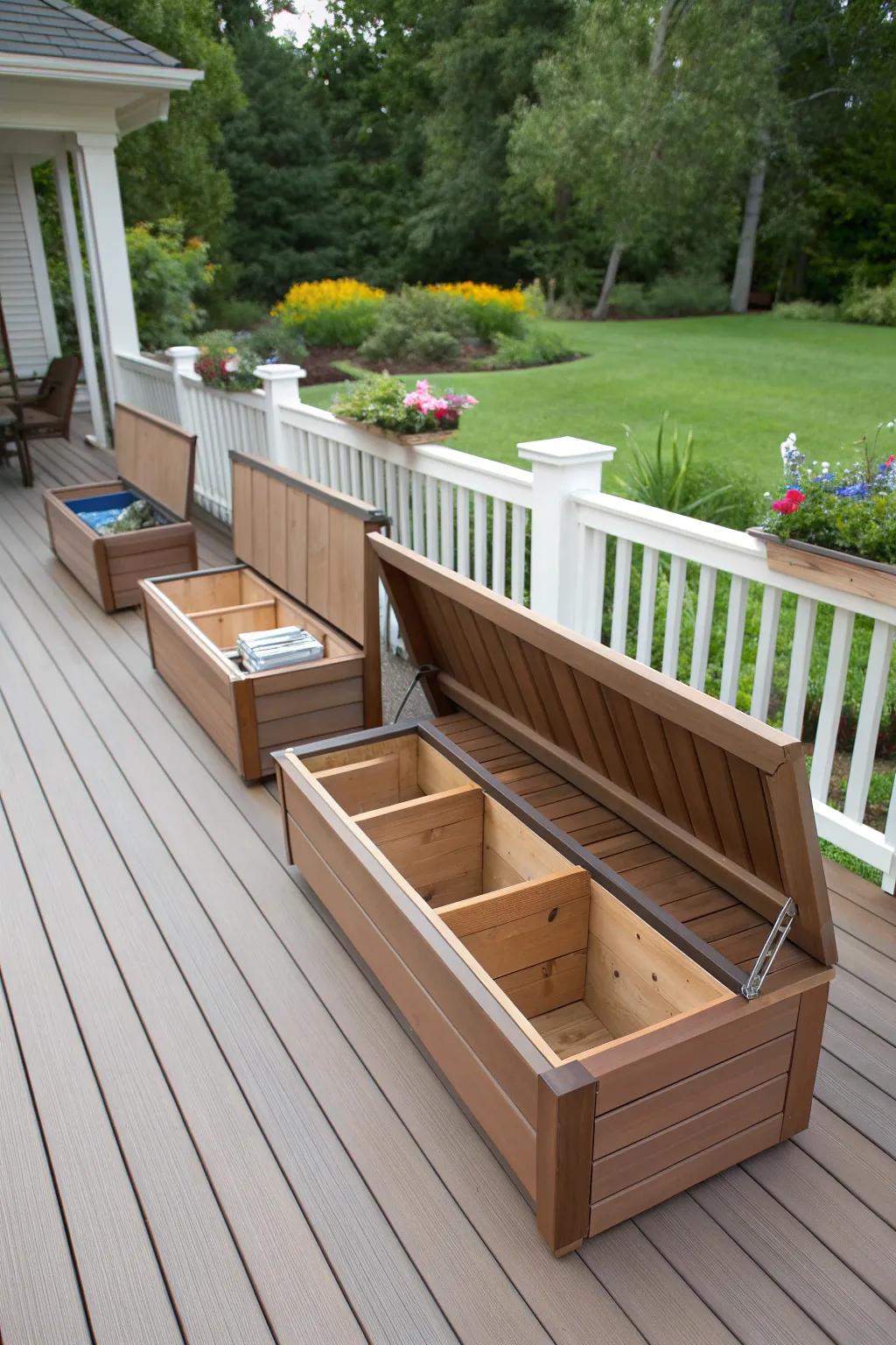 Outdoor storage solutions keep decks organized and clutter-free.