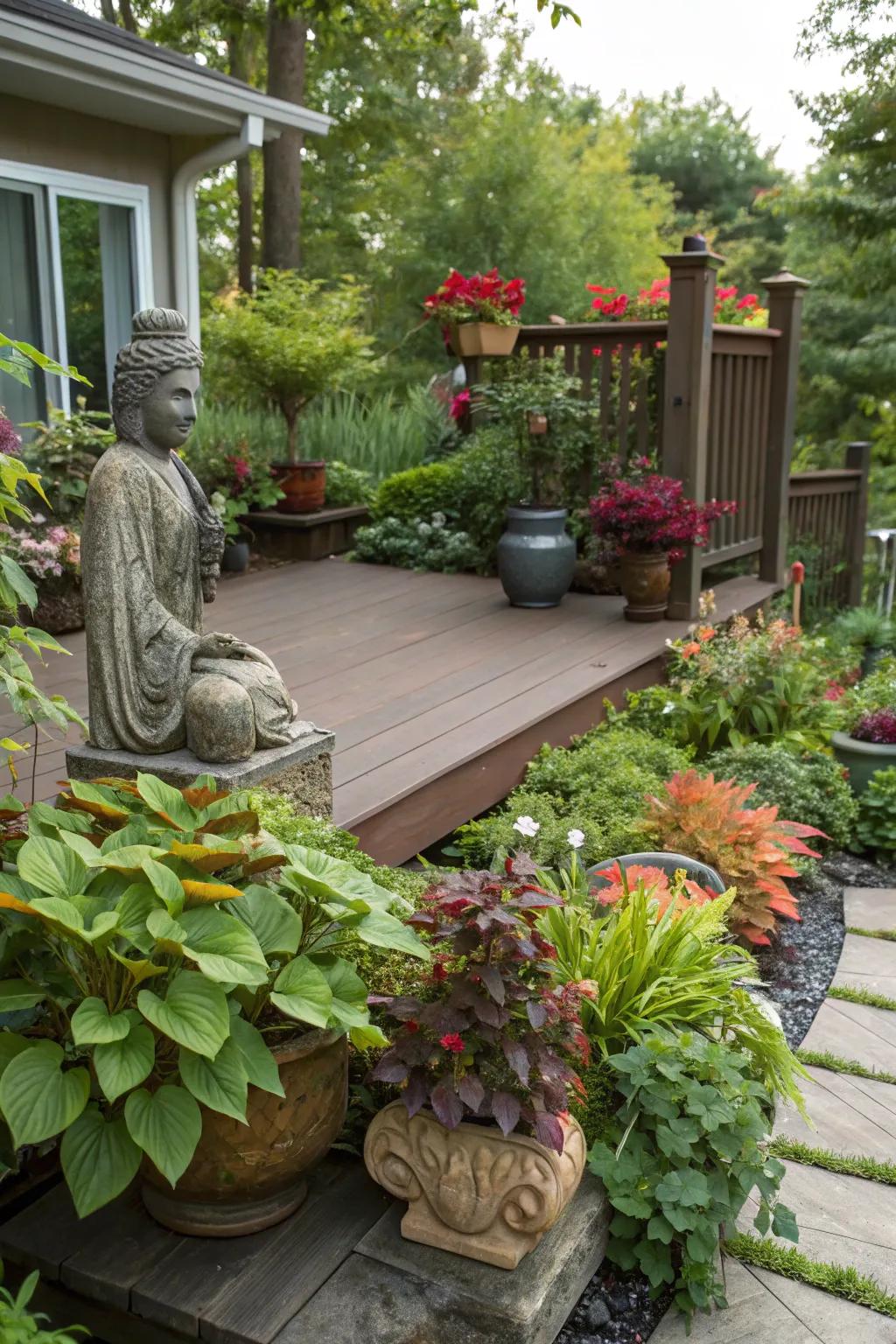 Artistic elements add striking focal points to your deck garden.