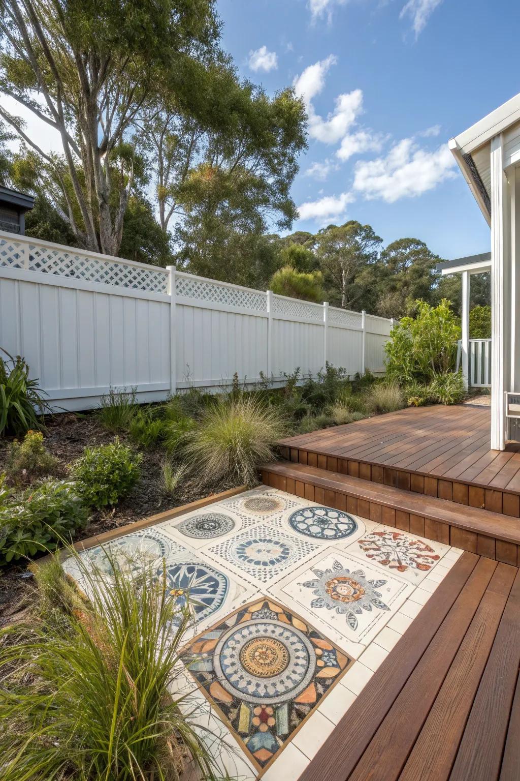 Artistic tiles adding visual intrigue to the deck flooring.