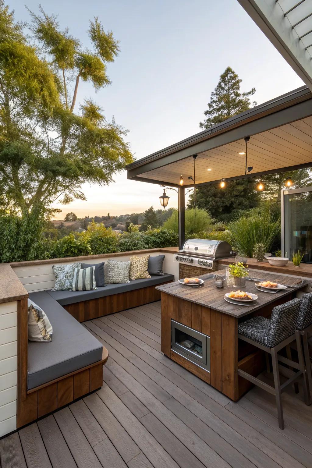 A cozy dining nook adds charm and functionality to your deck kitchen.
