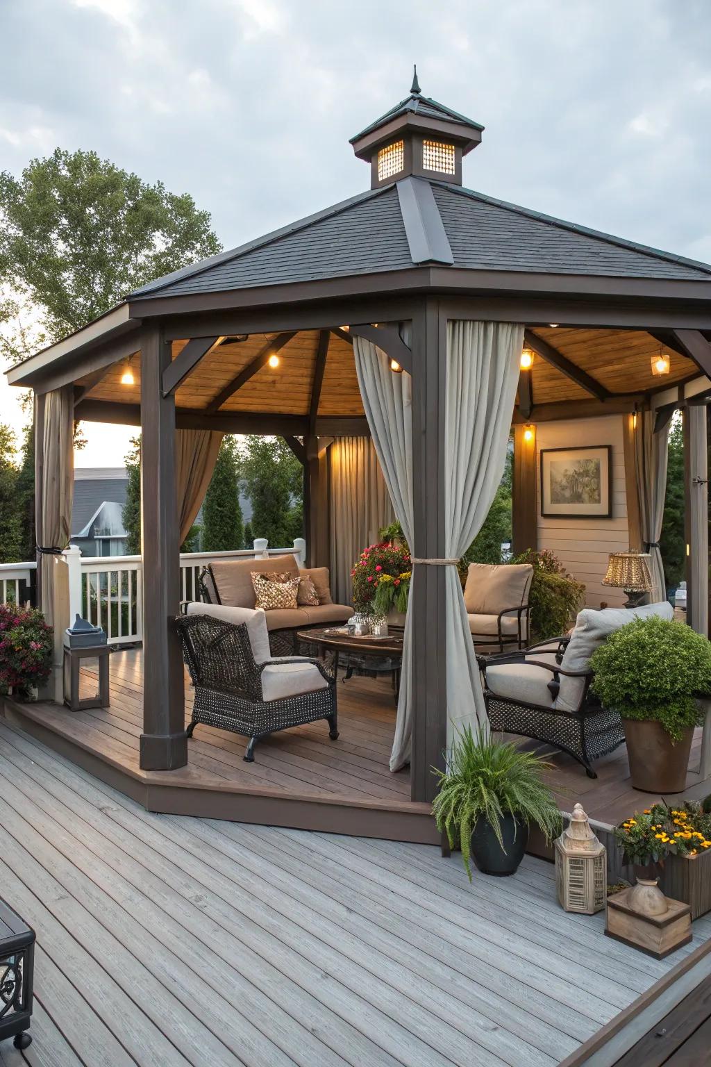 A solid-roof pavilion provides a stylish and durable deck cover.