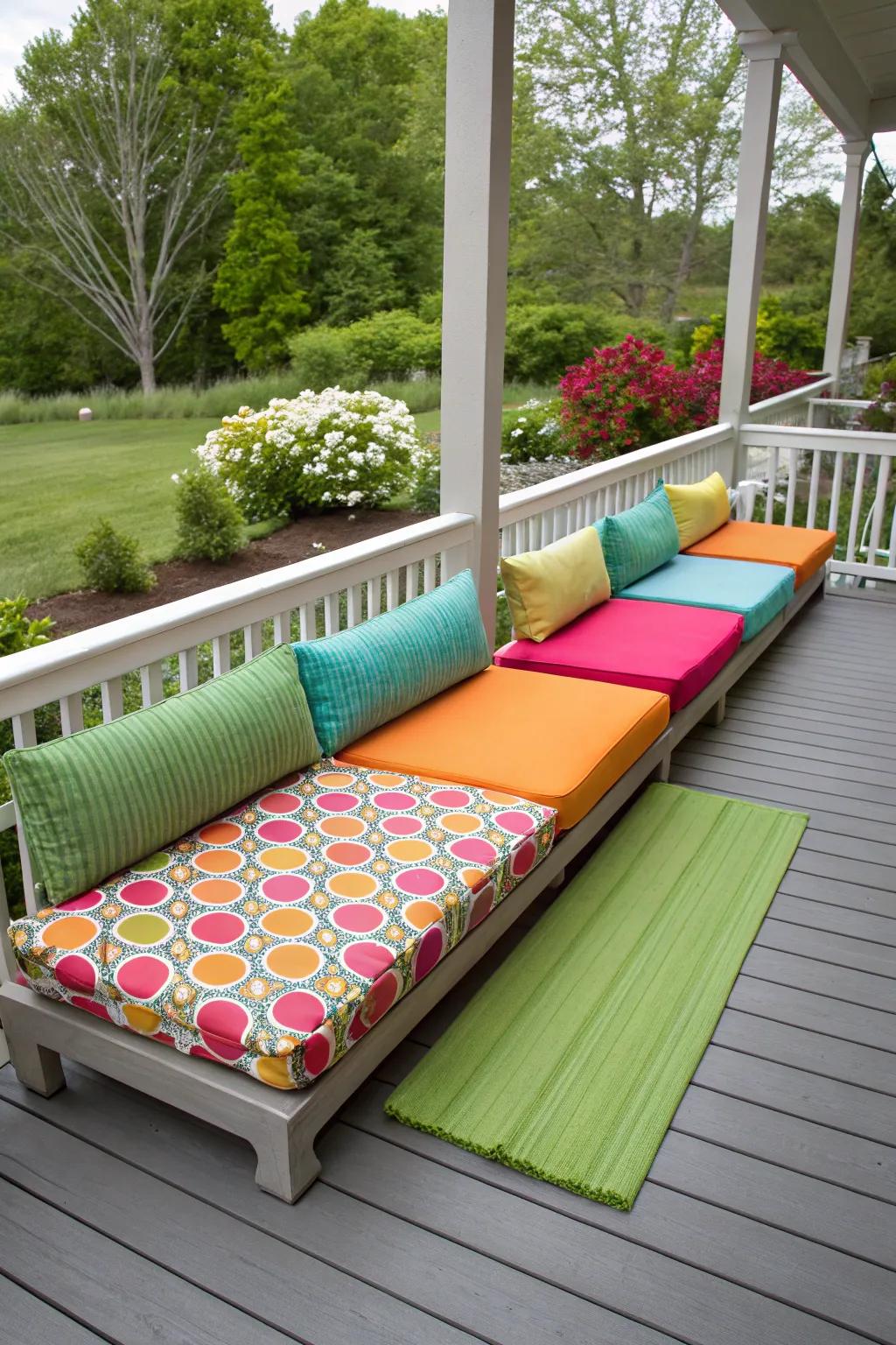 Upholstered benches offer comfort and style with a splash of color.