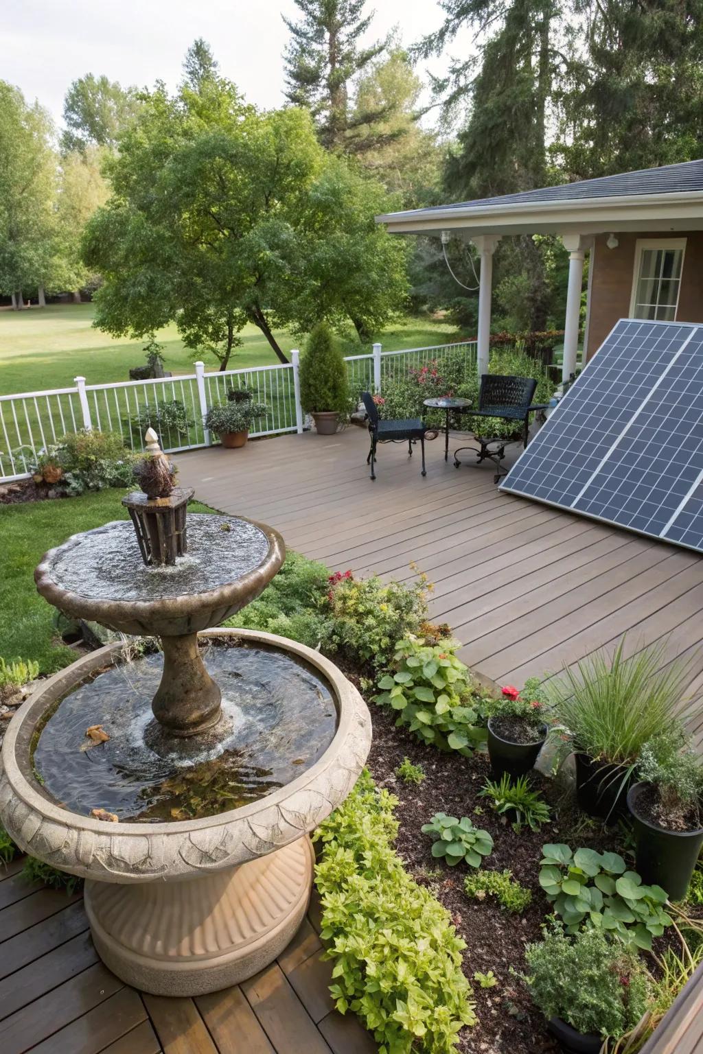 A solar fountain offers sustainable beauty for your deck.