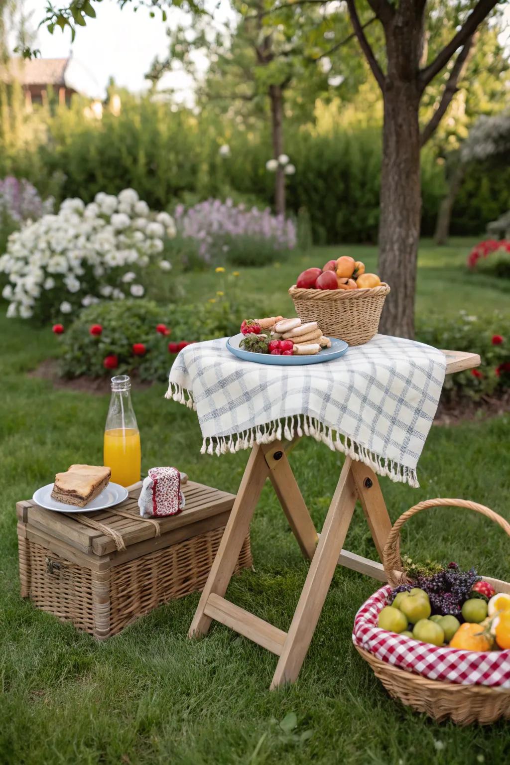 A backyard picnic where a garden stool serves as a convenient portable table.