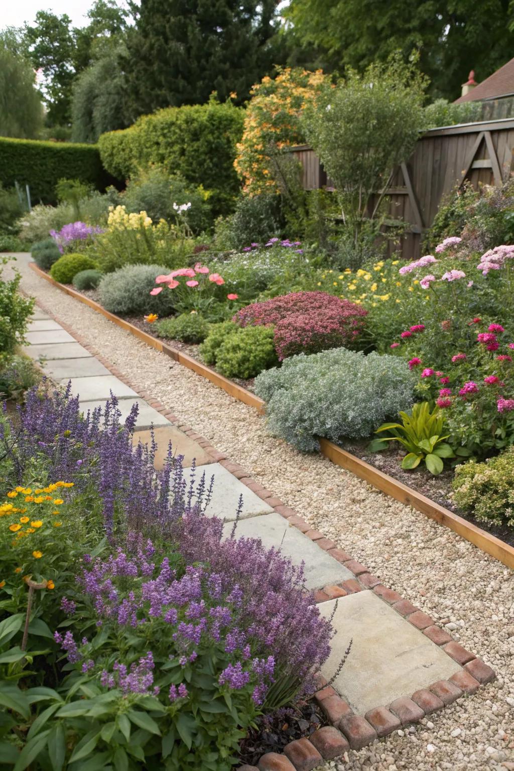 Vibrant garden borders accentuated with pea gravel.